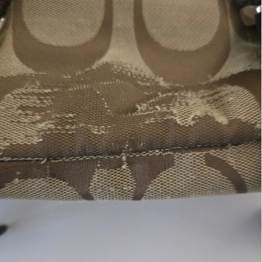 Coach Vintage Y2K Signature Jacquard Canvas Backpack Brown Tan Purple Pom Detail